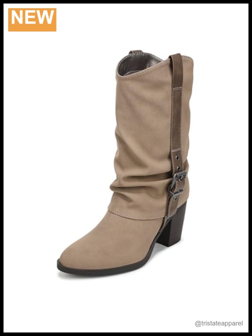Slouchy Mid-Calf Boots with Buckle & Block Heel, Faux Suede